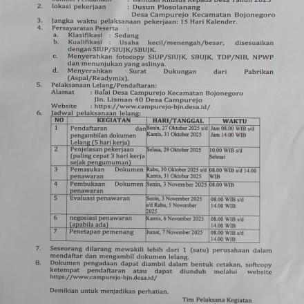 TIMLAK DESA CAMPUREJO UMUMKAN PENDAFTARAN LELANG PEKERJAAN BKKD 2025